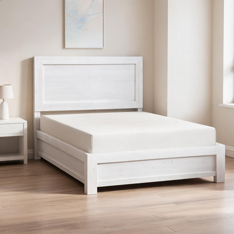 For master and guest bedroom use, soft white wood queen size panel bed frame modern rustic bed in a box, White, Queen