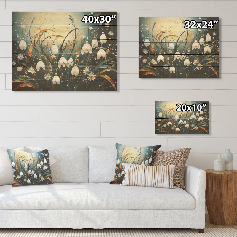 Brume de montagne enneigée en hiver - Snowdrops, art sur bois de pin naturel, H 10 po x l 20 po