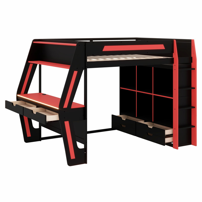 Smart RGB LED Loft Bed with Desk, USB Ports, 6 Cubbies, 6 Drawers, Black+Red