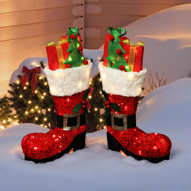 Bottes de Père Noël lumineuses à DEL avec houx et cadeaux - Ensemble de décoration de Noël
