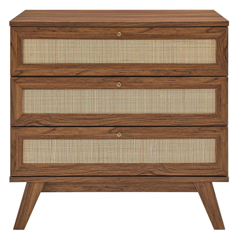 Walnut 3-Drawer Dresser with Rattan Weave Fronts