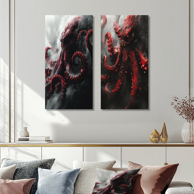 Ensemble de 2 pièces d'art mural rouge et gris Kraken Mythical Creature I - Mythical Creatures, H 40 po x l 40 po