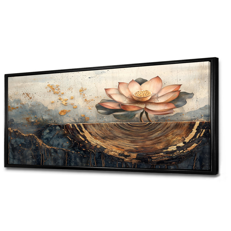 Fleurs de lotus Halsted, racines du lac - art mural Lotus, H 28 po x l 60 po, Impression encadrée flottante