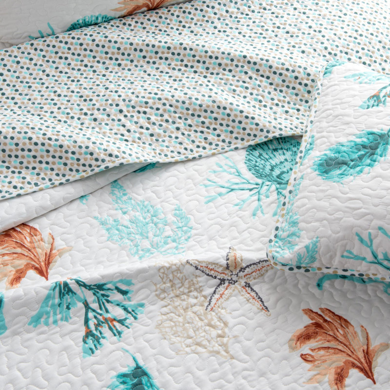 Twin Blue Microfiber Reversible Coastal Quilt Set
