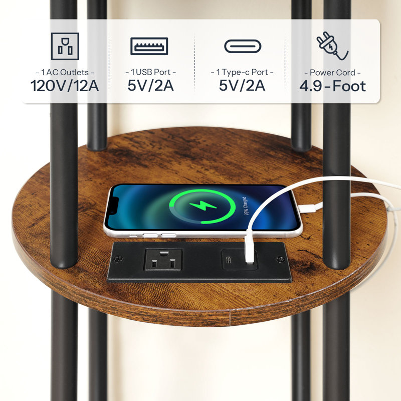 Round End Table with Charging Station, Rustic Brown