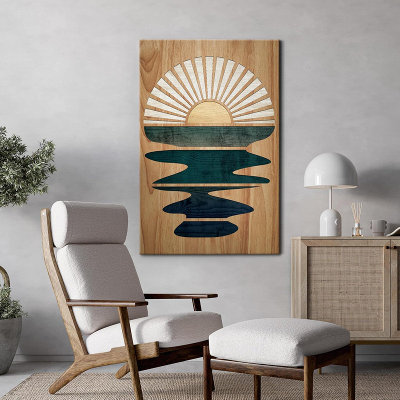 «Western Wood Effect Landscape Shining Sun Over Ocean Sea Nature Modern Art Southwest Wall Art Room», reproduction d'art sur toile