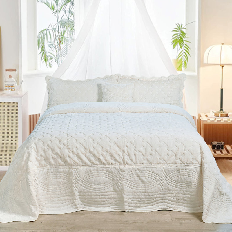 4 Piece Tatami Quilted Faux Fur Set, Queen Coverlet + 3 Additional Pieces, Antique White