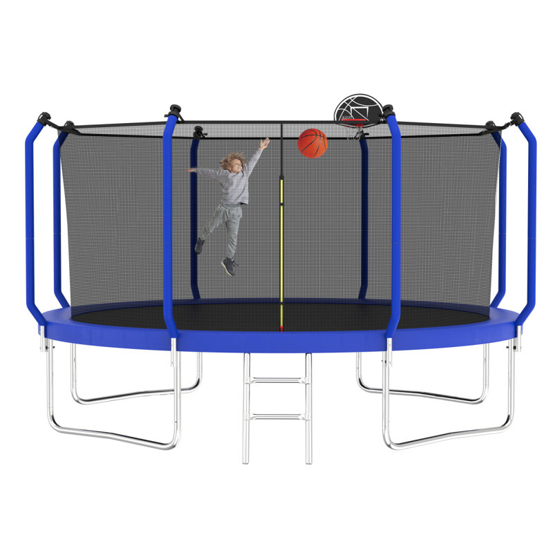 Trampoline 12FT avec panier de basketball, trampoline d'extérieur renforcé de type ASTM avec filet d'enclos