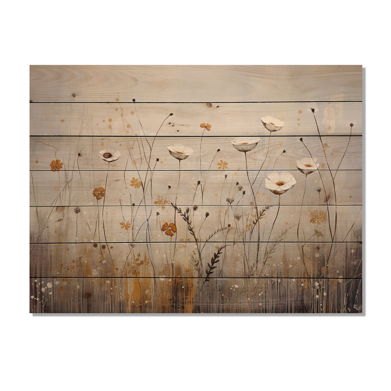 Beige Wildflowers Breeze - panneau mural en bois Wildflowers sur bois de pin naturel, H 30 po x l 40 po