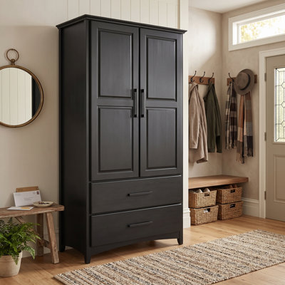 Armoire en bois massif avec 2 tiroirs peints en noir massif
