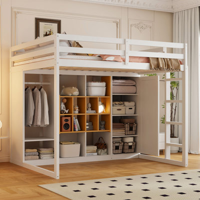 Full Size Wood Loft Bed With Wardrobe, Shelves And  Cabinet