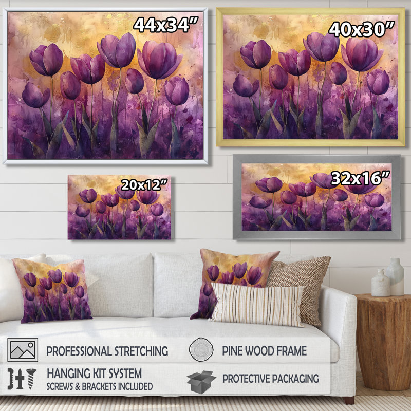 Mauve, or, paysage de rêve moderne, tulipes champ II - tulipes, art mural, Reproduction encadrée d'une seule photo, Doré