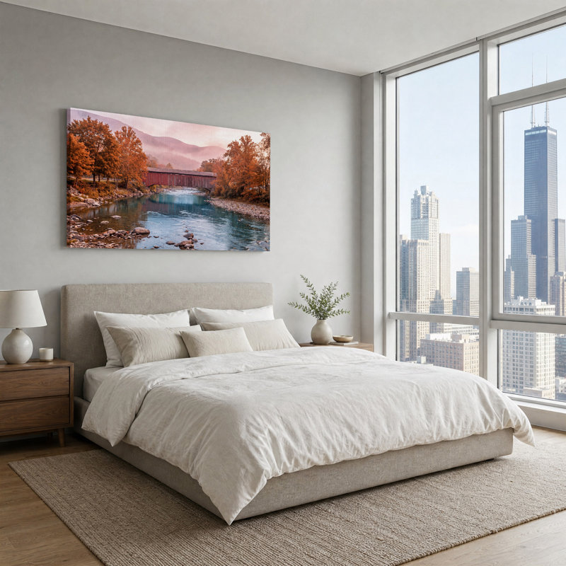 Tableau sur toile représentant un pont couvert rouge enjambant une rivière avec des arbres d'automne, L 58 po x H 28 po