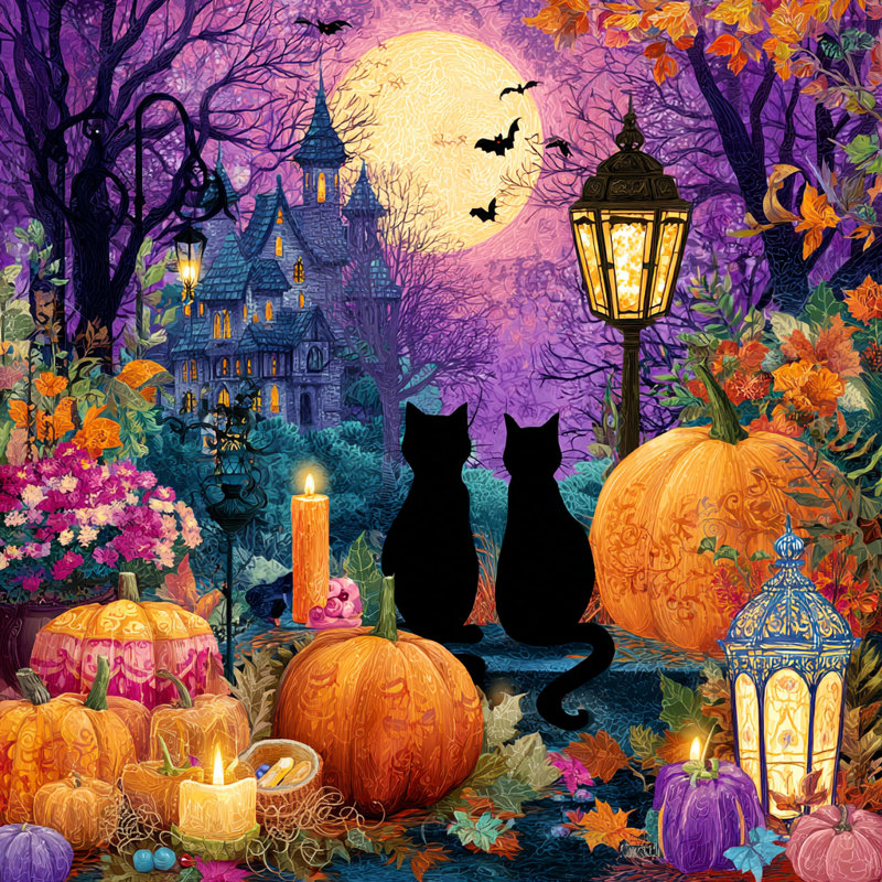 «Cats and Pumpkins Night», art mural sur toile