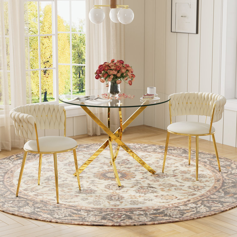 Modern Round Pedestal Dining Set with Weaven Velvet Dininig Chair, Gold, 3 Pieces: Table, 2 Chairs, Beige