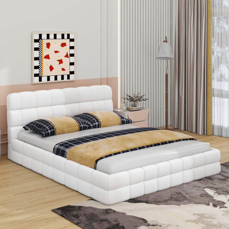 Queen Size Upholstered Platform Bed, White