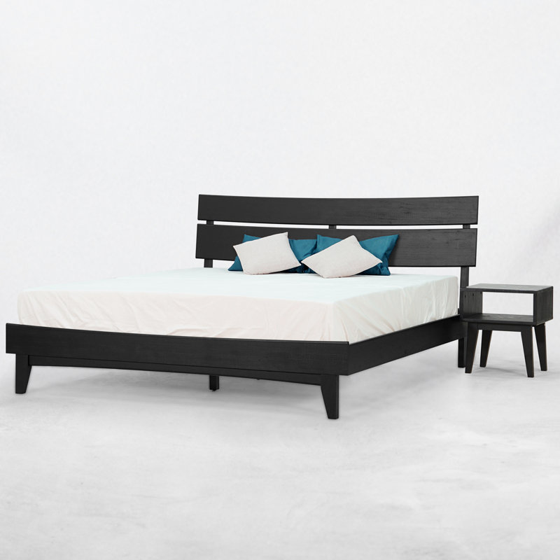 2-Pcs Bedroom Set – Solid Wood Queen Platform Bed Frame & Matching Nightstand, Mid-Century Modern, Black Ristretto Finish, 800 lbs Capacity, No Box Spring Needed