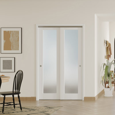 2 MDF Interior Slab Doors with Aluminium Hardware Bypass Sliding Door Full Lite Frosted Glass Design