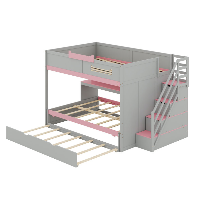 Lit superposé avec lit gigogne, escalier de rangement, tablettes et DEL, Gris