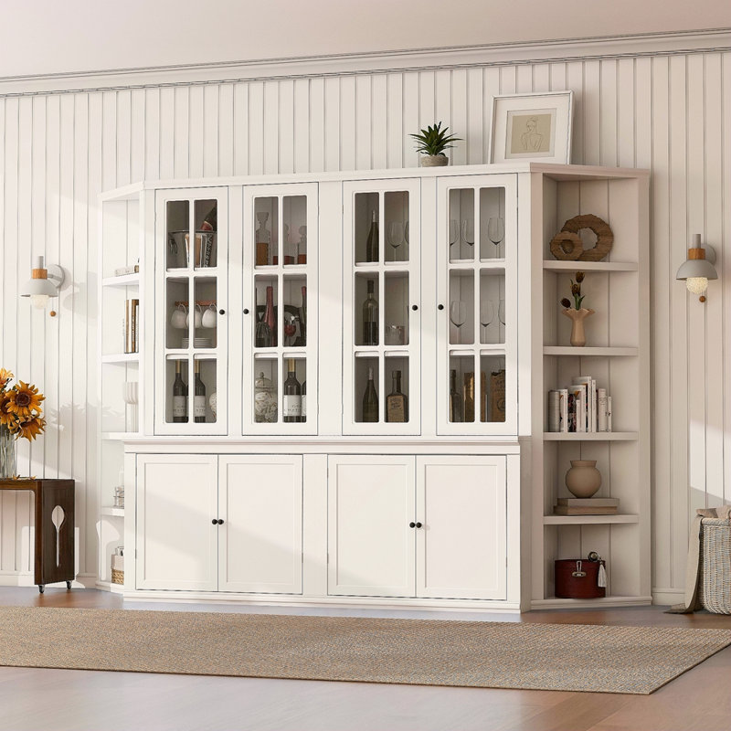 2 armoires de garde-manger de 75,25 po de hauteur et deux tablettes triangulaires à côtés, costume mural de style rétro de 105,5 po de largeur avec portes en verre, pour les couloirs, le salon, le bureau, le studio ou l'espace de travail
