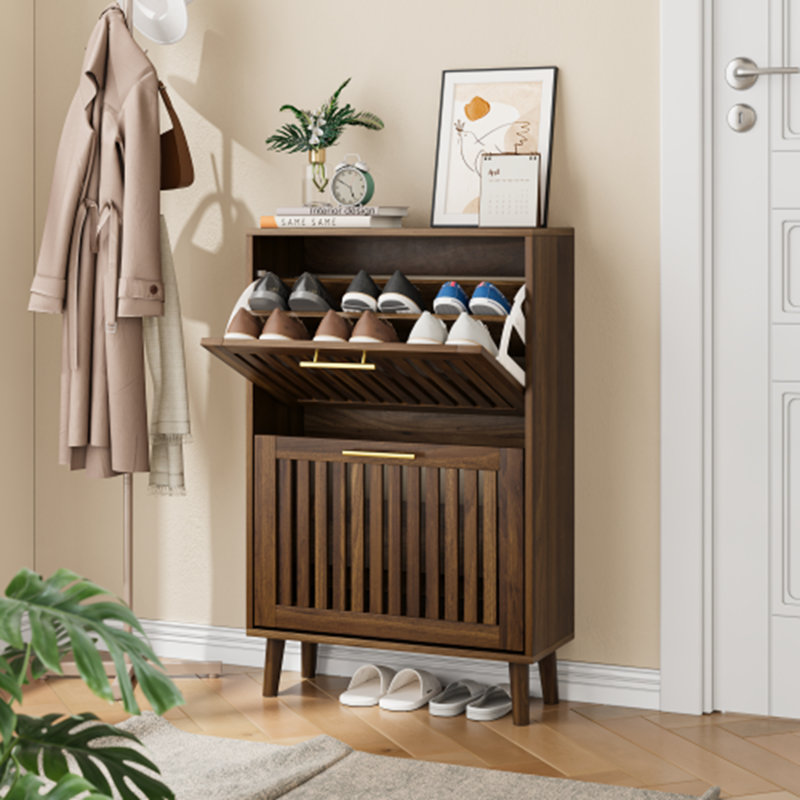 Armoire à chaussures de style moderne médiéval en noyer de 23,6 po avec 2 tiroirs rabattables pour les couloirs et les entrées