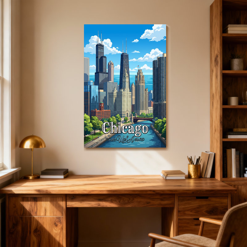 «Scenic & Cityscapes Chicago Skyline Cityscape River View», reproduction d'art, H 18 po x l 12 po