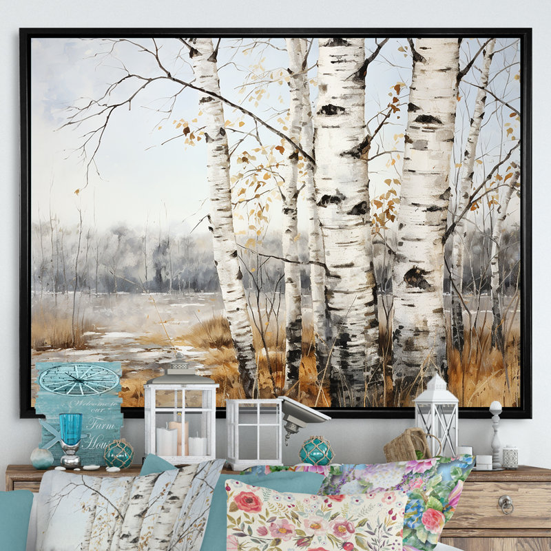 «Silver Minimalisme Tree Birchs Breath» sur toile, Cadre flottant noir, H 12 po x l 20 po x P 1 po