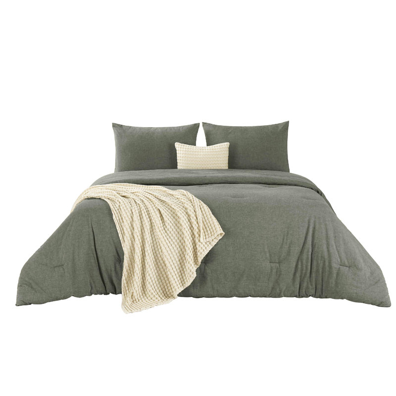 Cozy Winter Collection Bedsure 5 Pieces Cotton Comforter Set with Cotton Waffle Throw Blanket, Olive Green