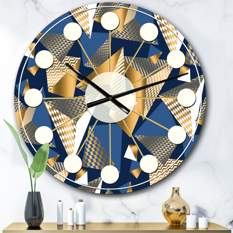 Or et cubes bleus - horloge murale moderne Mid-Century, Surdimensionné