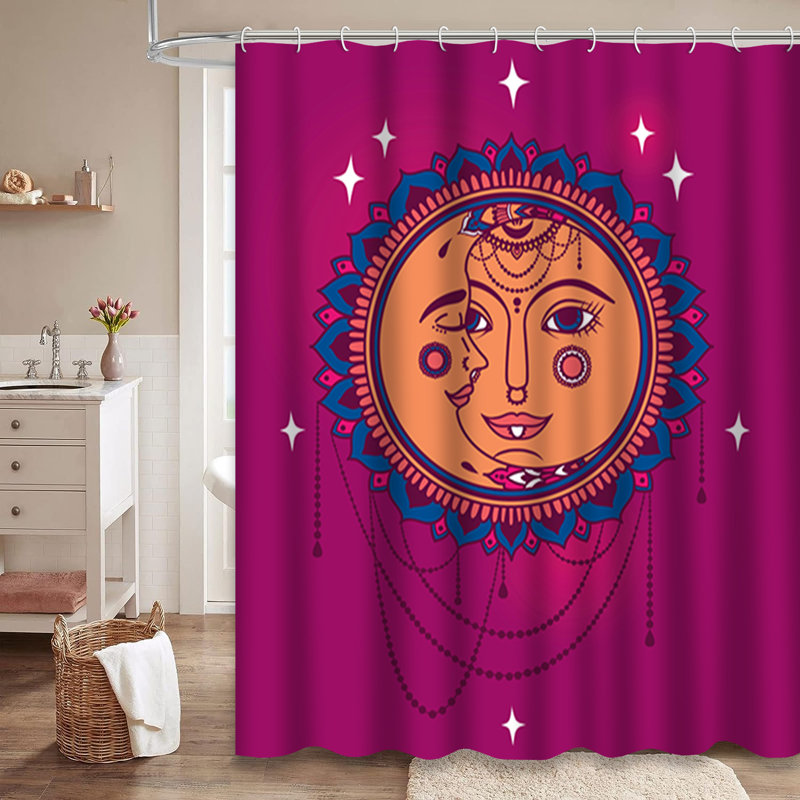 Rideau de douche bohème asiatique Sun Moon Boho avec 12 crochets, L 72 po x l 78 po