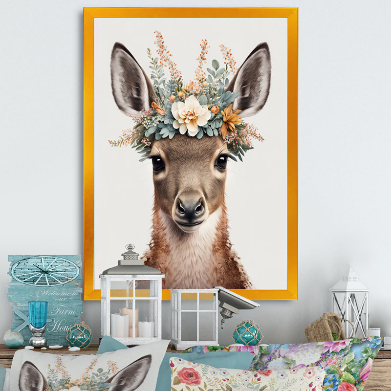 Mignon bébé kangourou avec couronne florale - impression sur toile tendue, H 40 po x l 30 po x P 1,5 po
