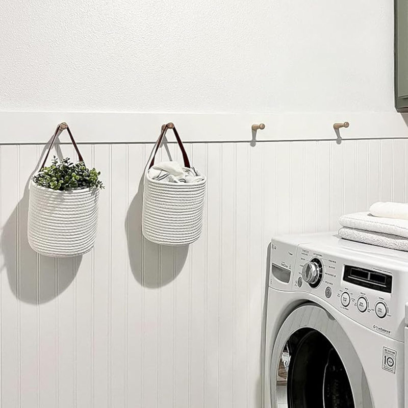 2Pack Rope Hanging Basket - Small Round Hanging Baskets Storage For Key, Sunglasses, Wallet On Door - Modern Woven Baskets Wall Decor For Plant, White Cotton Basket 7.87 X 7 X 11.7 Inches