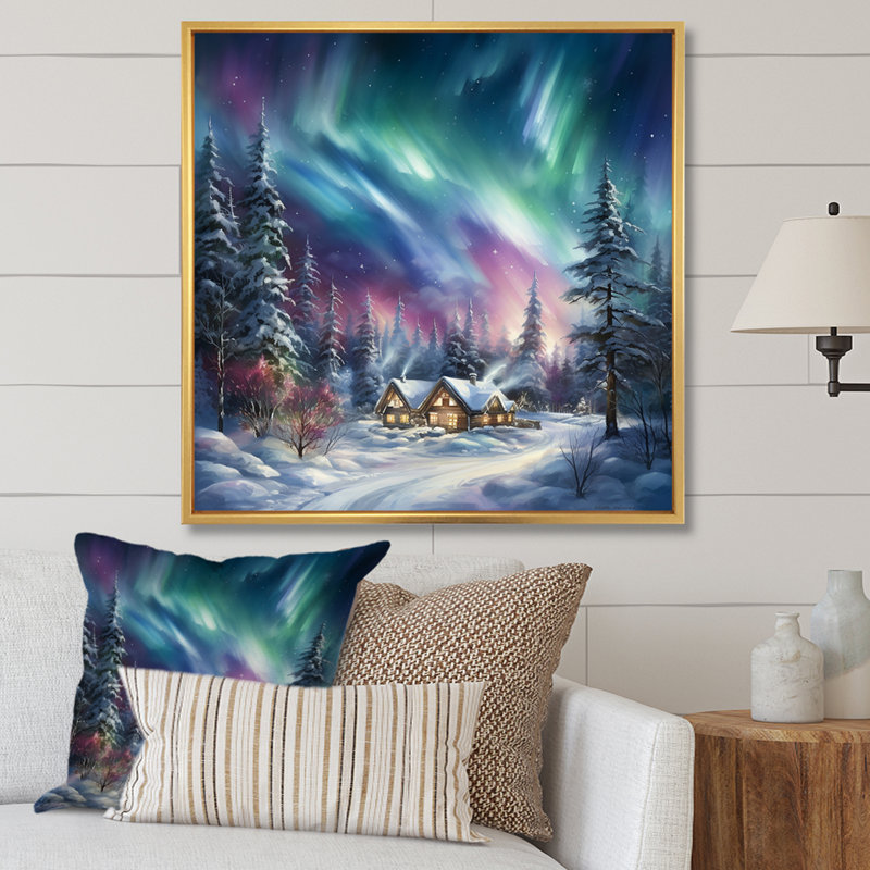 «Northern Lights Charm In Winter III» sur toile, Cadre flottant doré, H 30 po x l 30 po