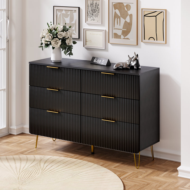 Commode moderne à 6 tiroirs avec rainures verticales et poignées dorées, commode de rangement large avec pieds en métal, assemblage facile, pour la chambre à coucher ou le salon