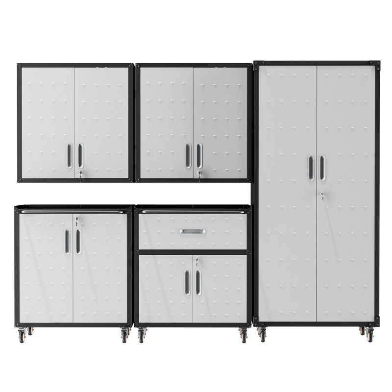 Ensemble de rangement pour garage 5 pièces : armoires métalliques à roulettes, 2 armoires murales, 2 armoires à roulettes, 1 armoire à panneaux perforés et 1 coffre à outils verrouillable.