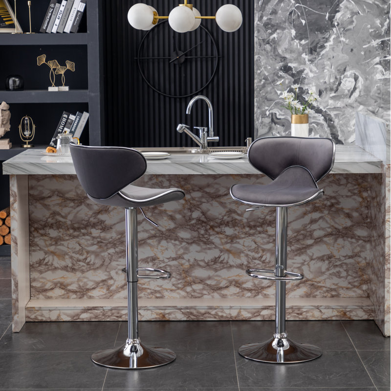 Annetra Velvet Upholstered Adjustable Swivel Barstool, Grey
