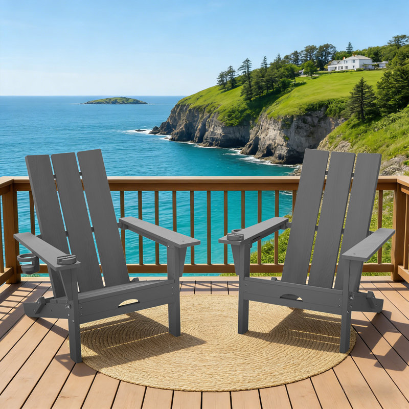 Ensemble de 2 chaises Adirondack pliables en PEHD avec support pour téléphone portable Maillet (ensemble de 2), Gris, 2