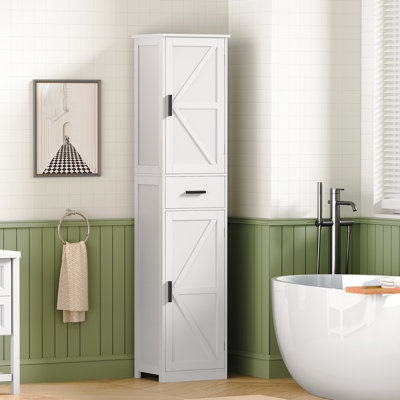 Armoire de rangement pour salle de bain avec 2 portes et 1 tiroir, armoire de salle de bain haute avec 6 tablettes, tour à linge autoportante, pour salle de bain, salon, cuisine, blanc