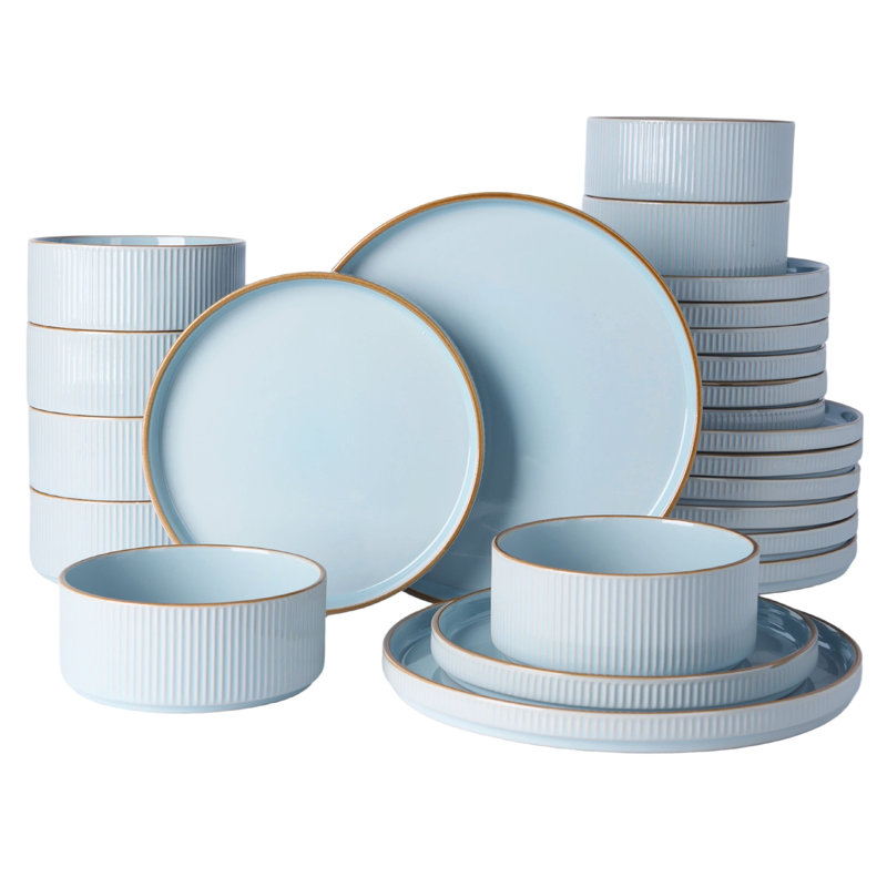 Ensemble de vaisselle 24 pièces Azal en grès bleu clair avec rebord brun Azal, Bleu pâle