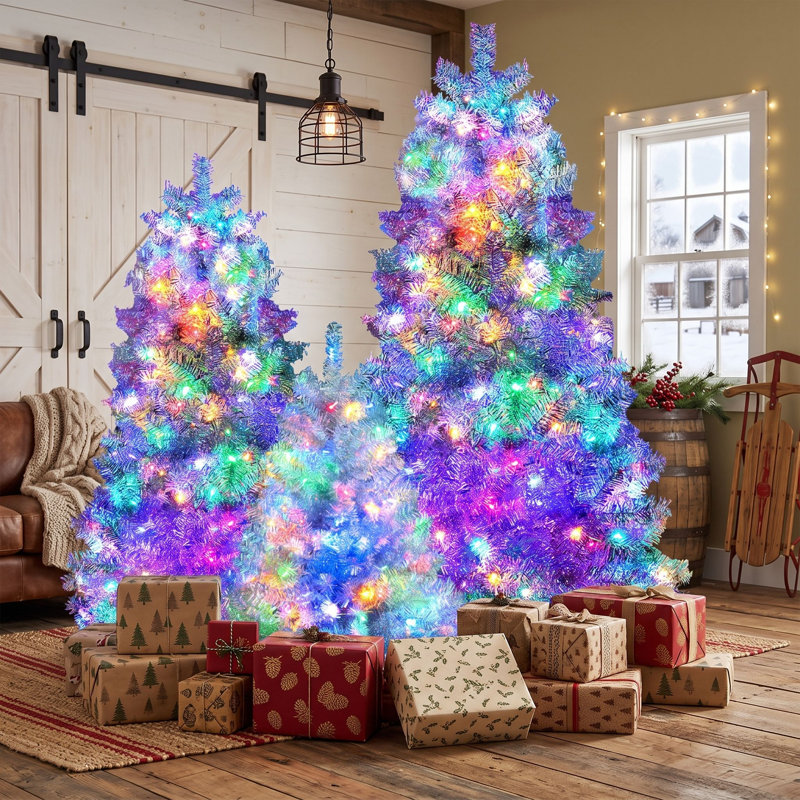 Ensemble d'arbre de Noël argenté pré-éclairé, arbres artificiels en PVC de 4 pi 6 pi 7,4 pi avec 11 modes d'éclairage, branches articulées