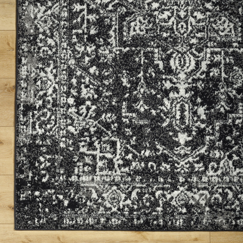 Black Traditional Rug, Bordered Floral Easy to Clean Rug For Living Room, Dining Room, Bedroom, Rectangle 160 x 220 cm