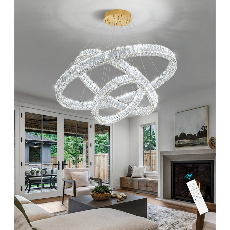 Grand lustre à intensité variable avec anneaux en cristal, Doré, H 78 po x l 31,4 po x P 31,4 po