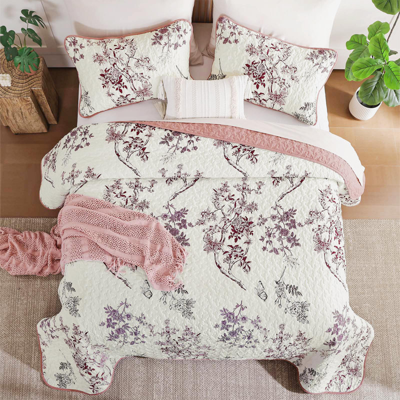 Ensemble de courtepointe à motif floral à motif de feuilles et de papillons 3 pièces, Mauve / Rouge