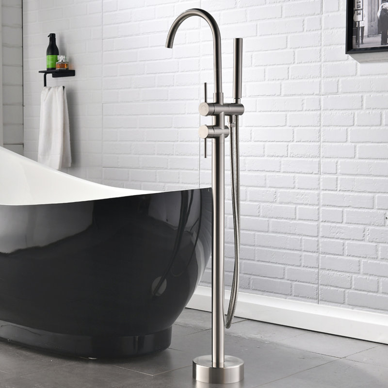 Robinet de baignoire autoportant monocommande à fixation au sol avec douche à main (nickel brossé)