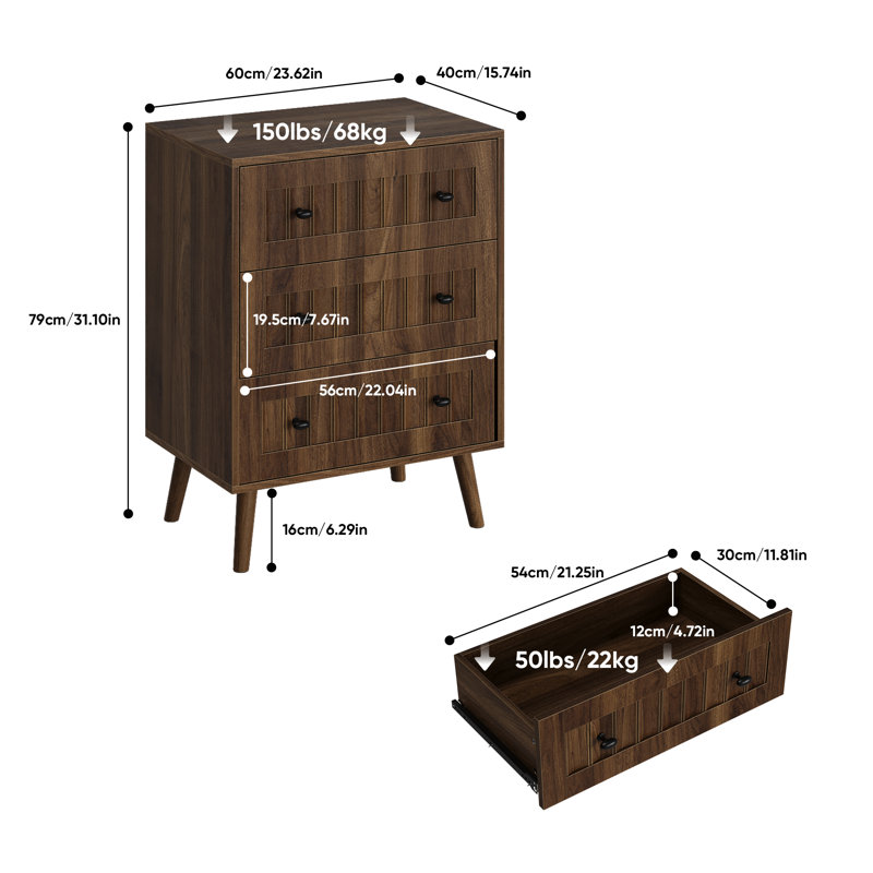 Mid-Century Walnut 3-Drawer Dresser - Vertical Slatted Storage Cabinet with Tapered Legs for Bedroom/Living Room