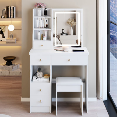 Ensemble de coiffeuse 37 "avec miroir coulissant à DEL et prise de courant - Ensemble de coiffeuse lumineuse avec tabouret
