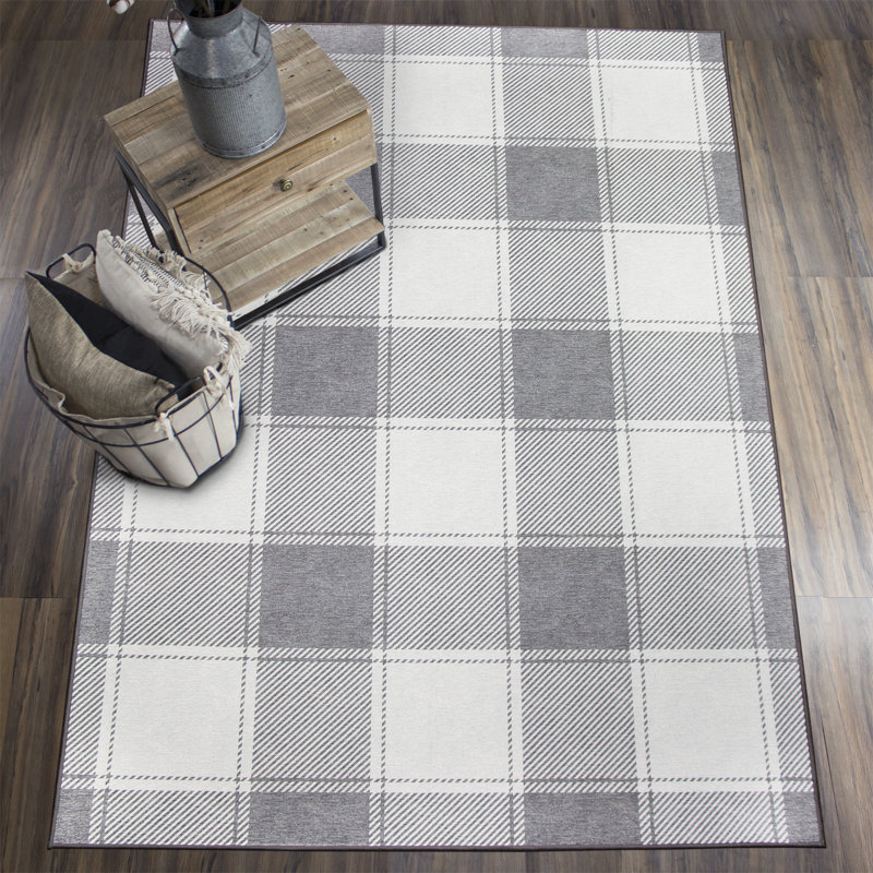 Buffalo Plaid Grey And White Plaid Flatweave Brown/Ivory Washable Area Rug, Rectangle 5' x 7'