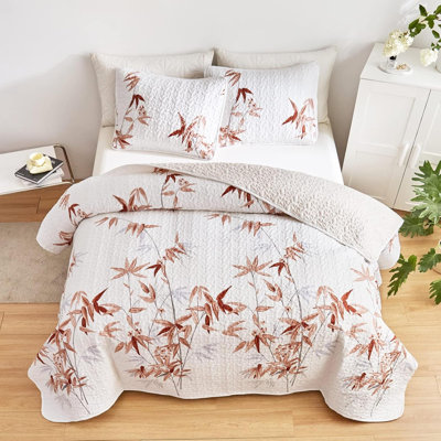 Botanical Quilt Set 3 Piece Full/Queen Burnt Leaves On White Design Reversible Bedspread Coverlet Set Soft Microfiber Light Bed Cover For All Season  901 Quilt 2 Pillow Shams