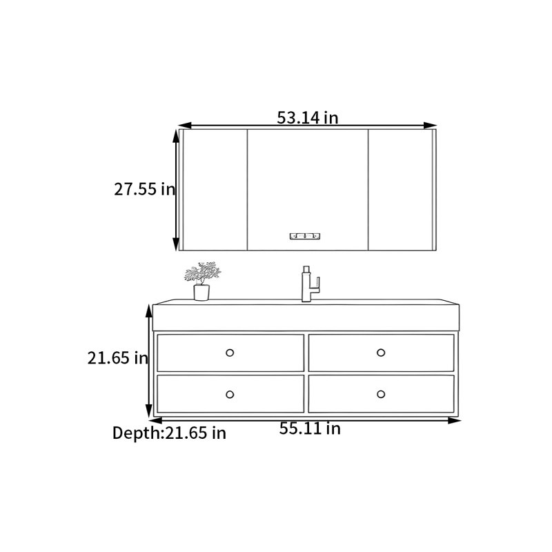 Middle ancient style intelligent bathroom cabinet, H 21,65 po x l 55,11 po x P 21,65 po, Noyer