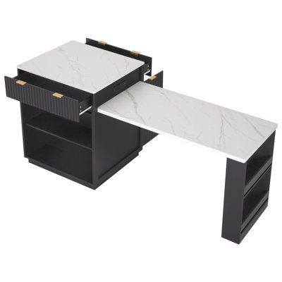 Îlot de cuisine cannelé 82,6 po avec table de salle à manger extensible pour 4 à 6 personnes (tabourets non inclus)